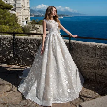 

New Arrivals Beading Waist Lace A-line Wedding Dress Vestido De Novia Renda O-neck Sleeve Floor Length Bridal Gowns Plus Size