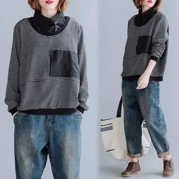 

COIGARSAM Full Sleeve blouse women Spring Striped Solid Patchwork Loose blusas womens tops and blouses Black 7122