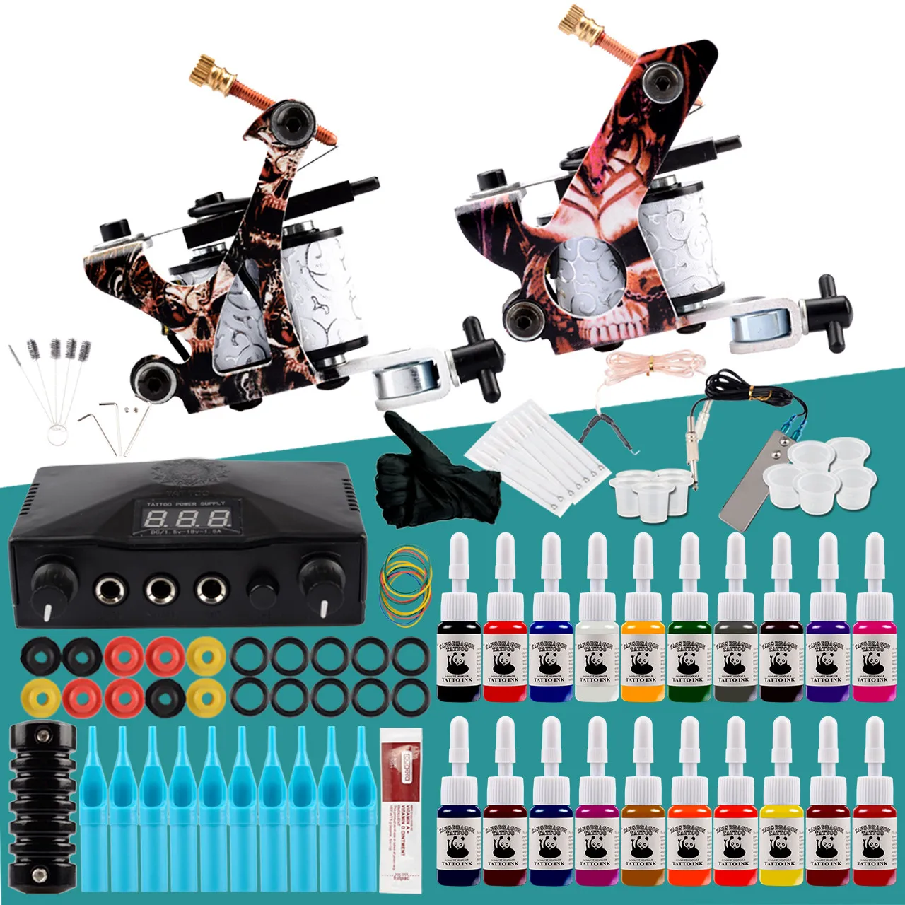  Professional Tattoo Kit 2 Tattoo Machine Guns Set Inks Set LCD Power Supply Tattoo Tools Permanent 