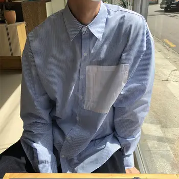

2020 Spring And Autumn New Youth Popular Male Striped Stitching Single-breasted Long-sleeved Shirt Fashion Casual Shirt Blue