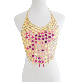 

Sexy metal Body chain Necklace Women Summer Beach Halter shirt Colorful Sequins cropped Nightclub queen Party Tank top bra Hot