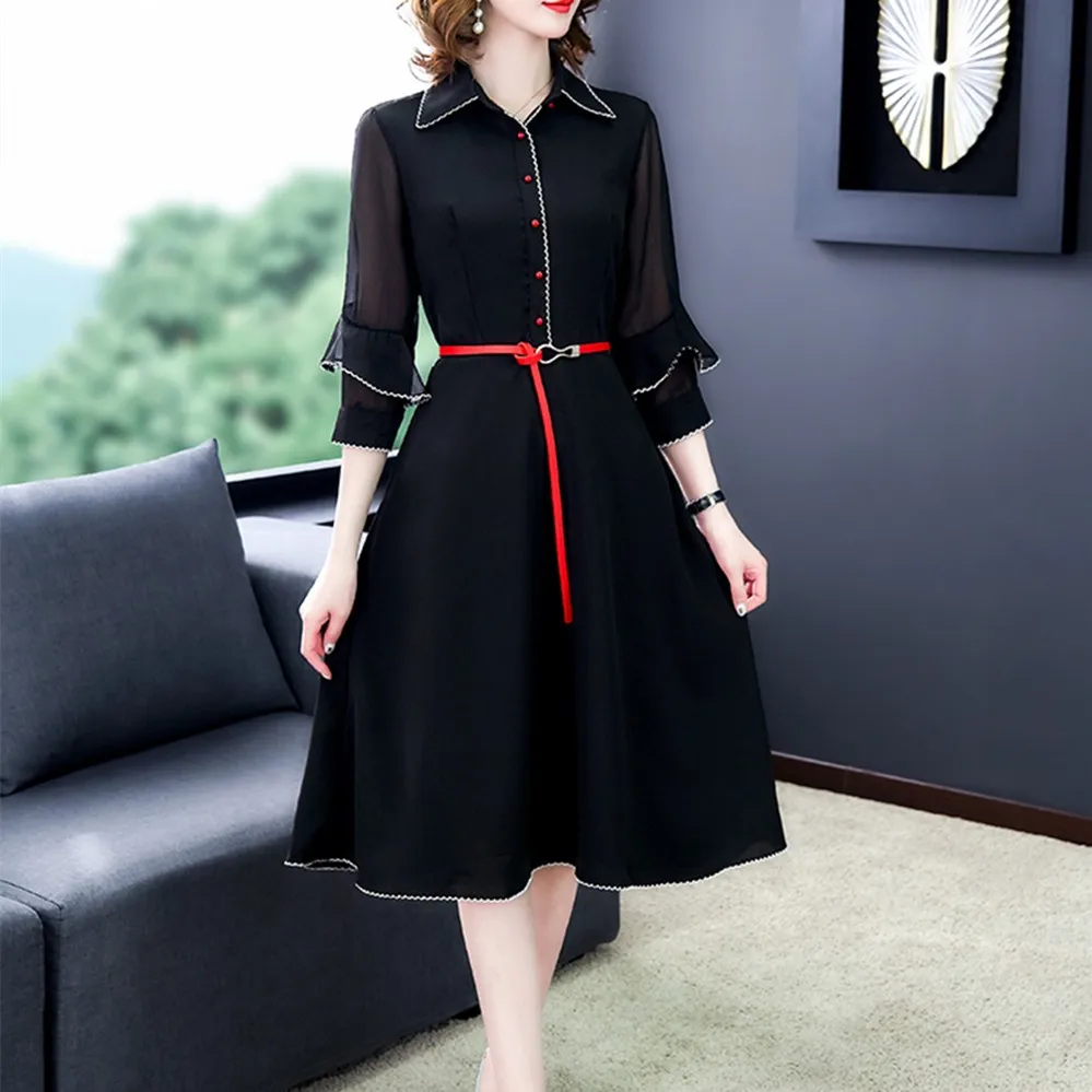 

High Quality Spring Trendy One-Piece Dress Women Solid Vintage Ruffled Shirt Turn-Down Collar Summer A-Line Dresses Ol Female