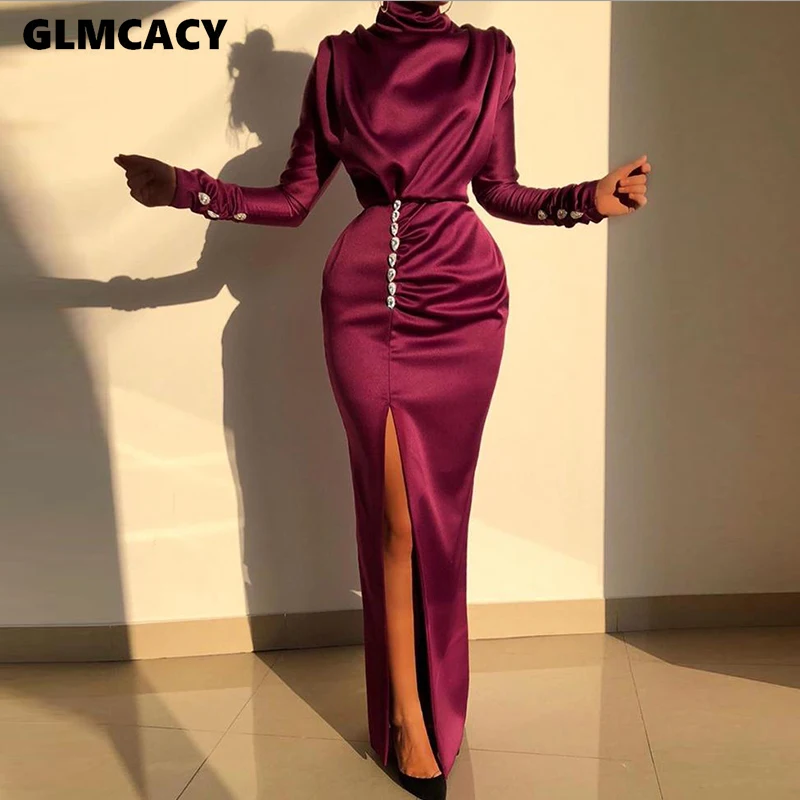 Kopen Vrouwen Sexy Splits Lange Mouwen Maxi Jurk Hoge Hals Ruches Dij Slit Avondjurk Jurk Satijnen Avondjurk Party Jurken