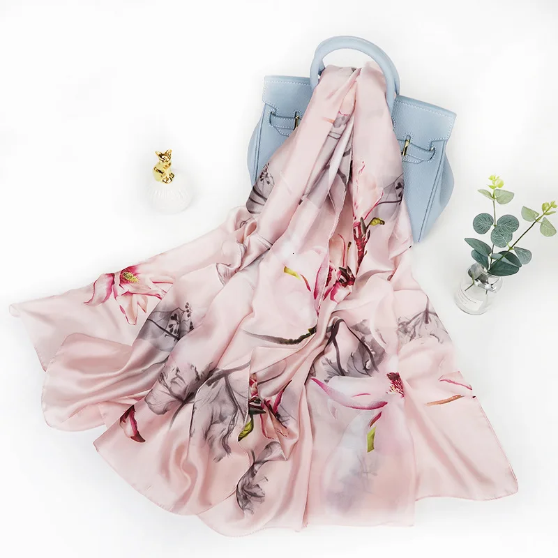 10 цветов высококачественный Шелковый роскошный женский шарф бренд Foulard палантин шаль Летний стиль длинный пляжный шелковый шарф 180*90 см - Цвет: Carnation-Powder