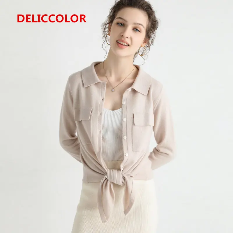 DELICCOLOR чистый кашемировый кардиган, свитер с длинным рукавом, женский свитер с квадратным воротником, сплошной цвет, тонкий женский свитер