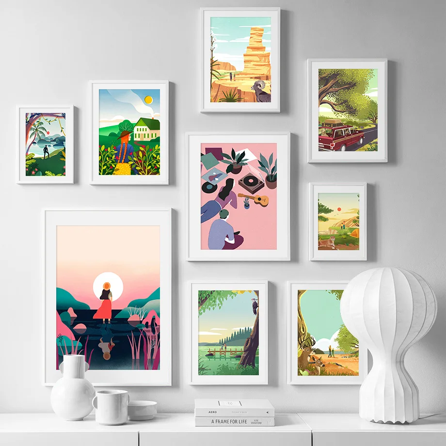 Man-Car-Girl-House-Sunset-Abstract-Travel-Nordic-Posters-And-Prints-Wall-Art-Canvas-Painting-Wall (2)