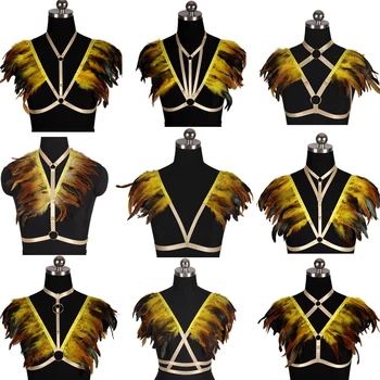 

Feather Epaulets Wings Yellow Harness Bra Adjust Plus Size Crop Tops Shoulder Steampunk Goth Fetish Exotic Festival Bondage Belt
