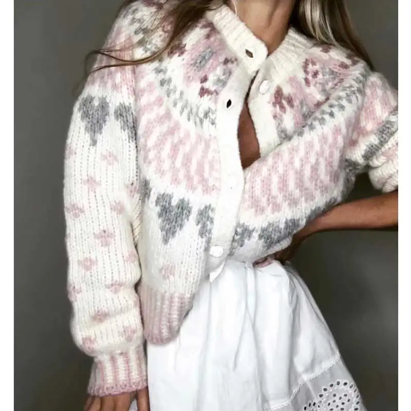 

Boho Inspired Women's Knitted Cardigan flowers hearts pattern cardigan women winter clothes women buttons long sleeve sweaters