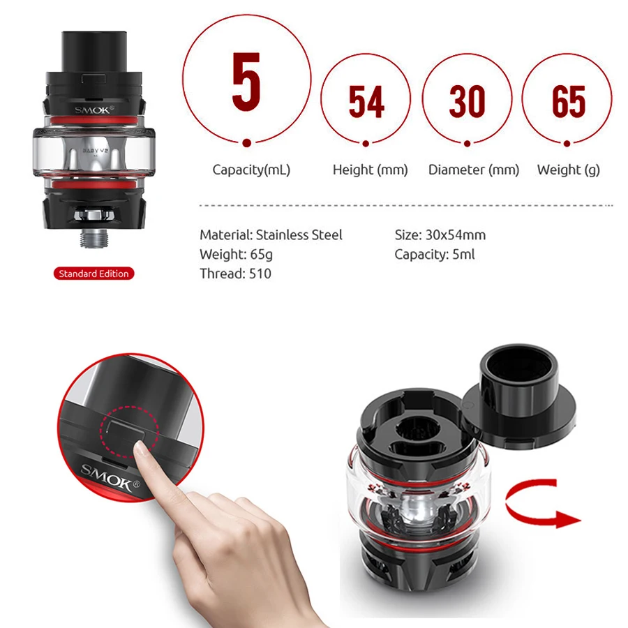 SMOK TFV8 Baby V2 Tank 5 мл стеклянная лампочка V8 A1 S1 в катушке 510 вапорайзер с резьбой