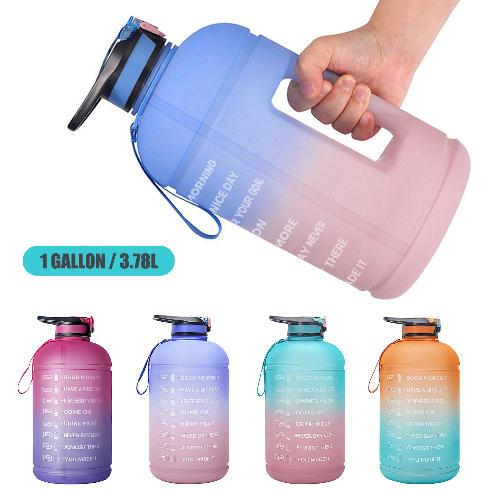 1 Gallon Water Bottle with Time Marker BPA FREE 3.78L Sports Bottle