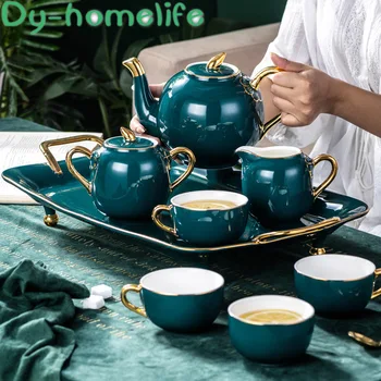 

Ceramic Coffee Tea Set Nordic Drawing Gold Green Coffee Pot Cup Milk Jug Sugar Bowl Tray Set Home British Afternoon Tea Set