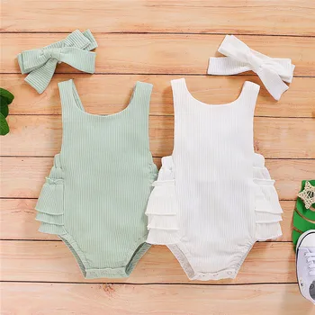 

Boys Girls Summer Rompers Newborn Infant Baby Girl Sleeveless Ruffles Knitted Ribbed Romper with Headband Toddler Cotton Outfits