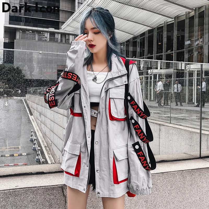 

Multiple Pockets Cargo Jackets Letter Ribbon Women 2019 Autumn Hip Hop Jacket Coats Streetwear Clothing