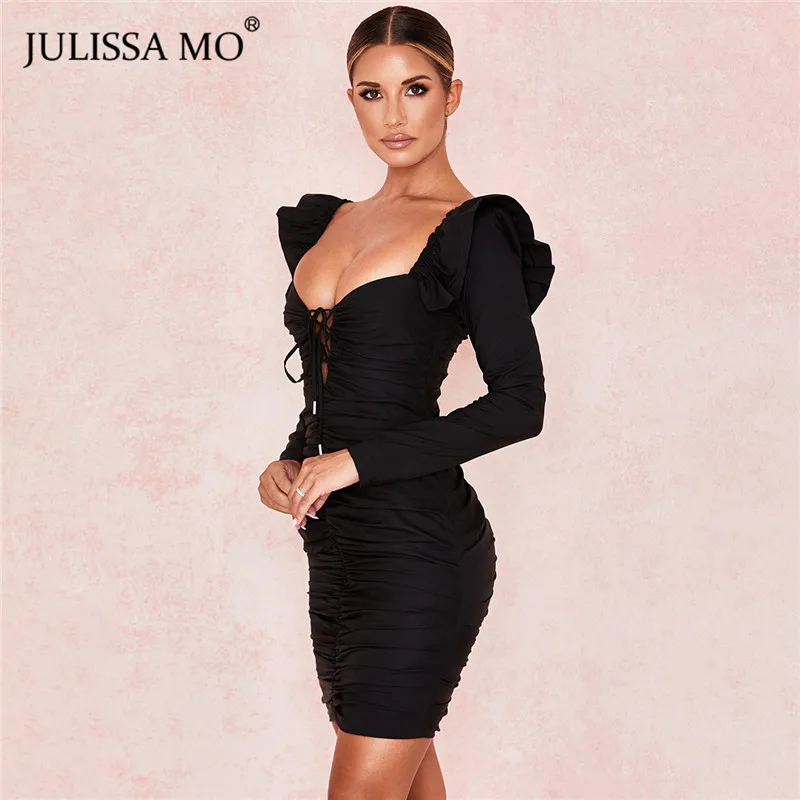 Julissa mo, черное Сетчатое мини-платье с длинным рукавом, женское сексуальное облегающее платье с деревянными ушками и v-образным вырезом, элегантные платья с оборками для вечеринок Vestidos
