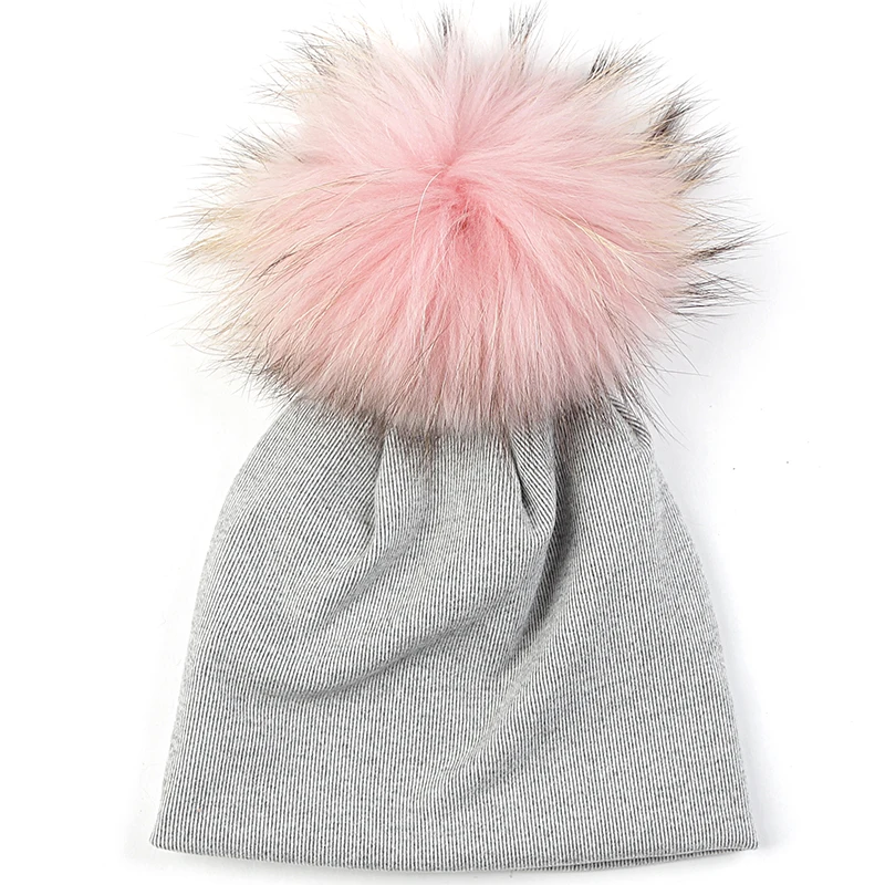 Шапочки для маленьких девочек и мальчиков, зимние теплые шапочки для новорожденных, шапки унисекс с черепом для 0-9 месяцев, с помпоном из натурального меха 15 см - Цвет: gray pink