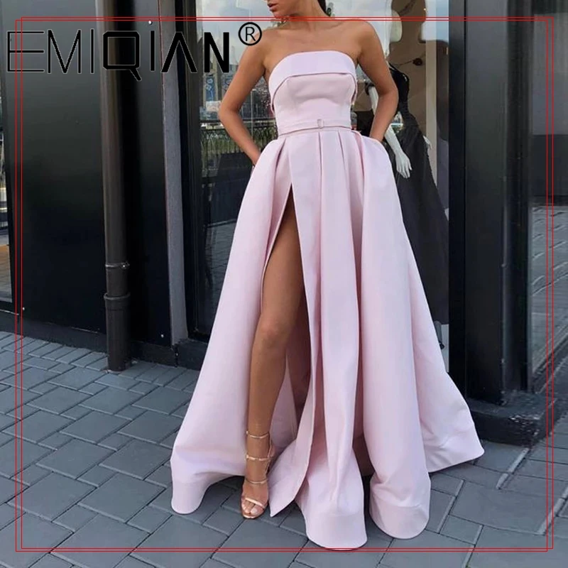 

New Arrival Evening Prom Party Dresses Vestido De Festa Gown Robe De Soiree Pink Satin Sexy Strapless Long Gown Formal Dress