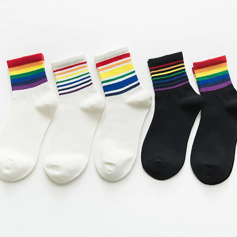 

Men Women Unisex Rainbow Socks White Black Cotton Sock Striped Hip hop Fashion Harajuku Skateboard Sox Meias Hip Hop Short Soks