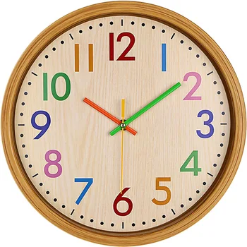 

12 Inch Clock Colorful Number Kids Wall Clock Silent Large Decor Non Ticking Wall Clocks Vintage Style Quartz Battery Operated