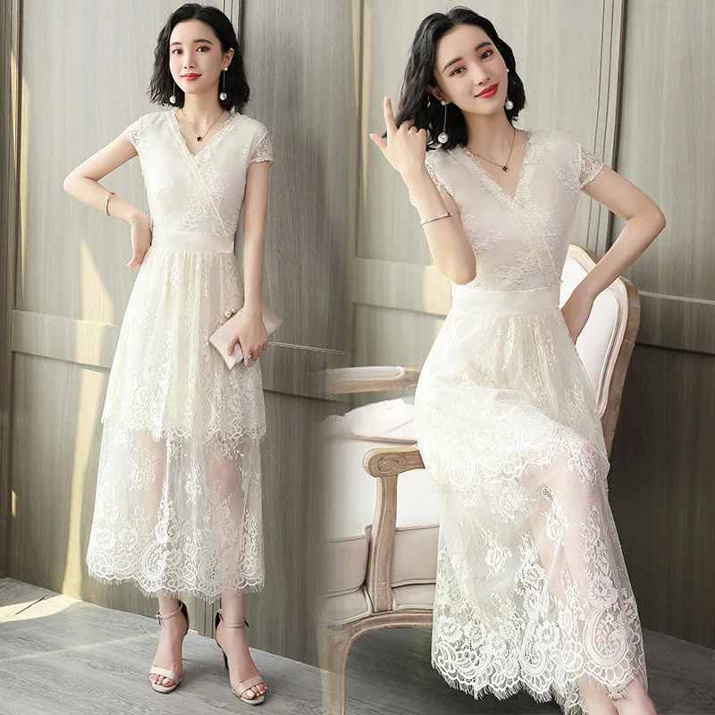 

Lace Dress Women's Summer New Style Korean-style Slim Fit Mid-length High-End Quality Slimming Fashion V-neck Long Skirts Fashio