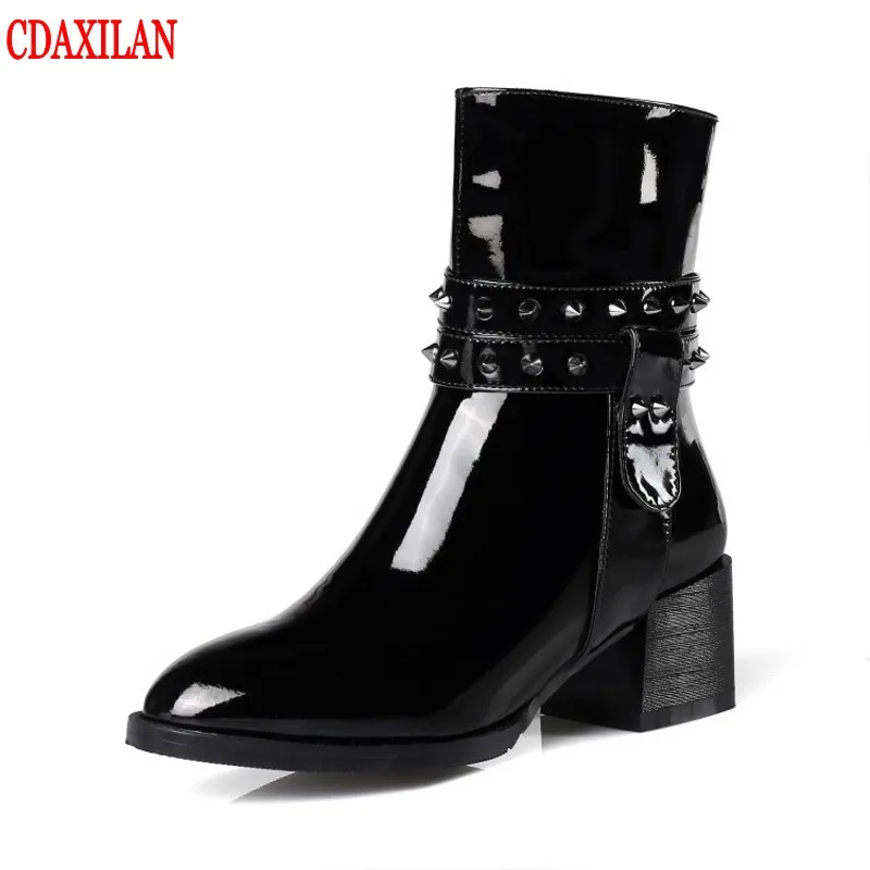 

CDAXILAN arrivals new women's short boots genuine cow patent leather Med-heels side zipper motorcycle boots ladies autumn winter
