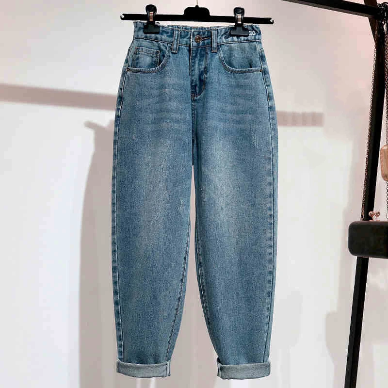 Pantalones vaqueros bordados para mujer, de cintura alta, holgados, de talla grande, de Nine Length, para mamá, Retro Azul, harén