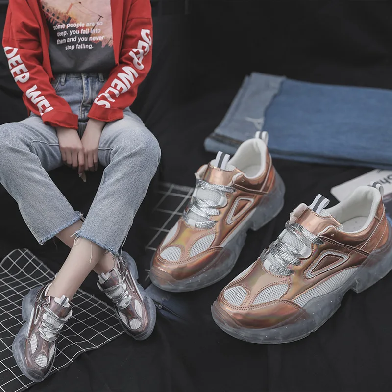 

2019 Spring Women's round-Toe Korean-style Lace up Front Athletic Shoes High-Heel WOMEN'S Casual Shoes