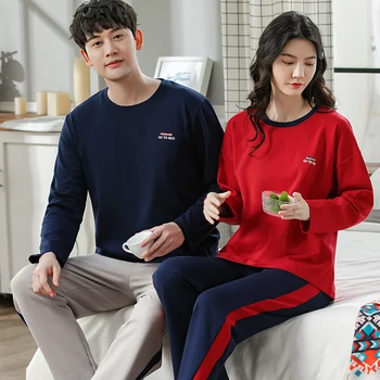 

Men Clothing Autumn 100% Cotton Couple Pajamas Men Women's Pijama Lady Pajama Sets Fashion Lounge Sleepwear Gift