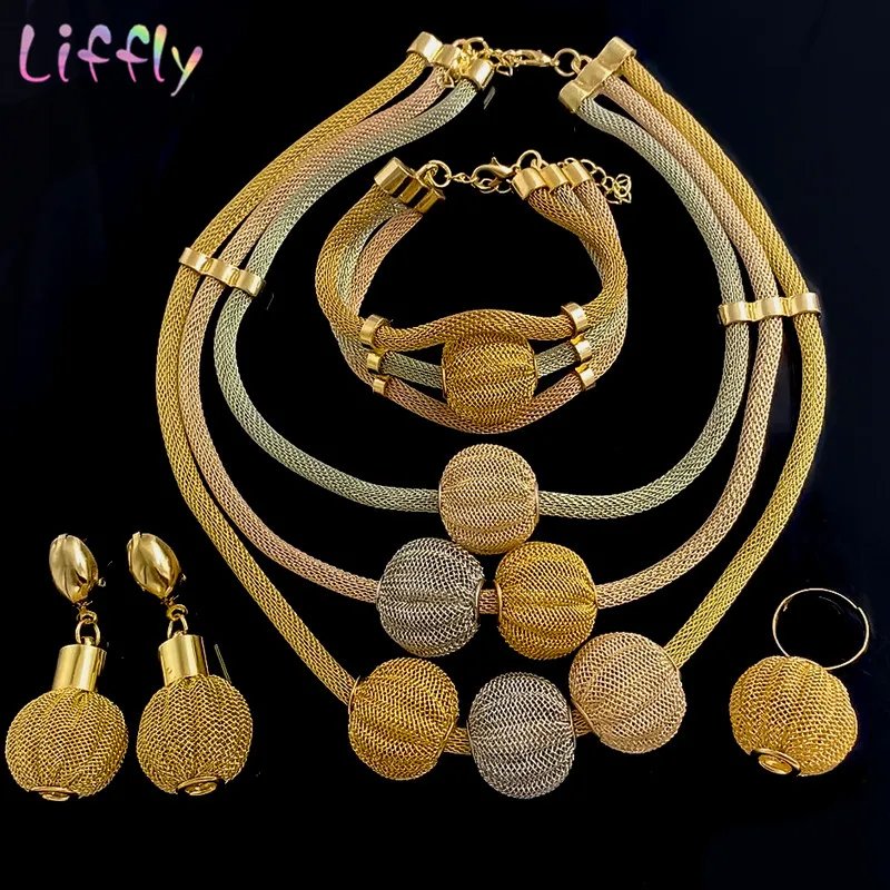 Большие африканские золотые драгоценности, набор для женщин, нигерийское колье, ожерелье, массивные украшения, трехцветные Многослойные серьги, кольцо, браслет