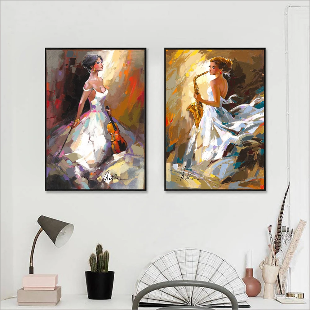 Abstract Paintings Violin and Saxophone Players Printed On Canvas