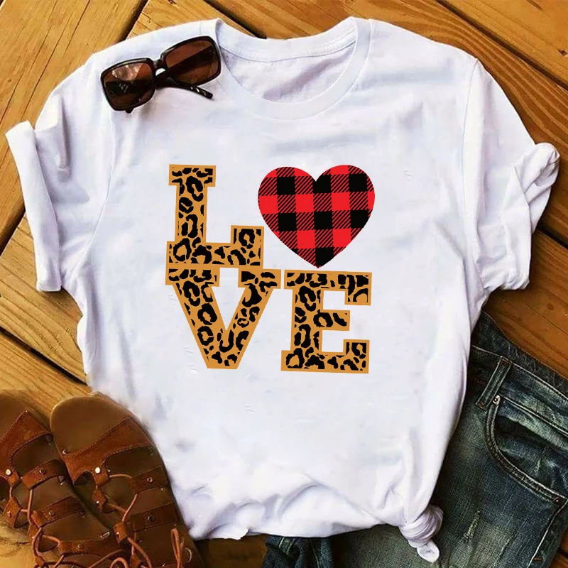 

Women 2020 Harajuku Love Leopard Plaid Graphic Female Print Valentine's Day Top Clothes Lady Ladies Womens Tee T-Shirt T-shirts
