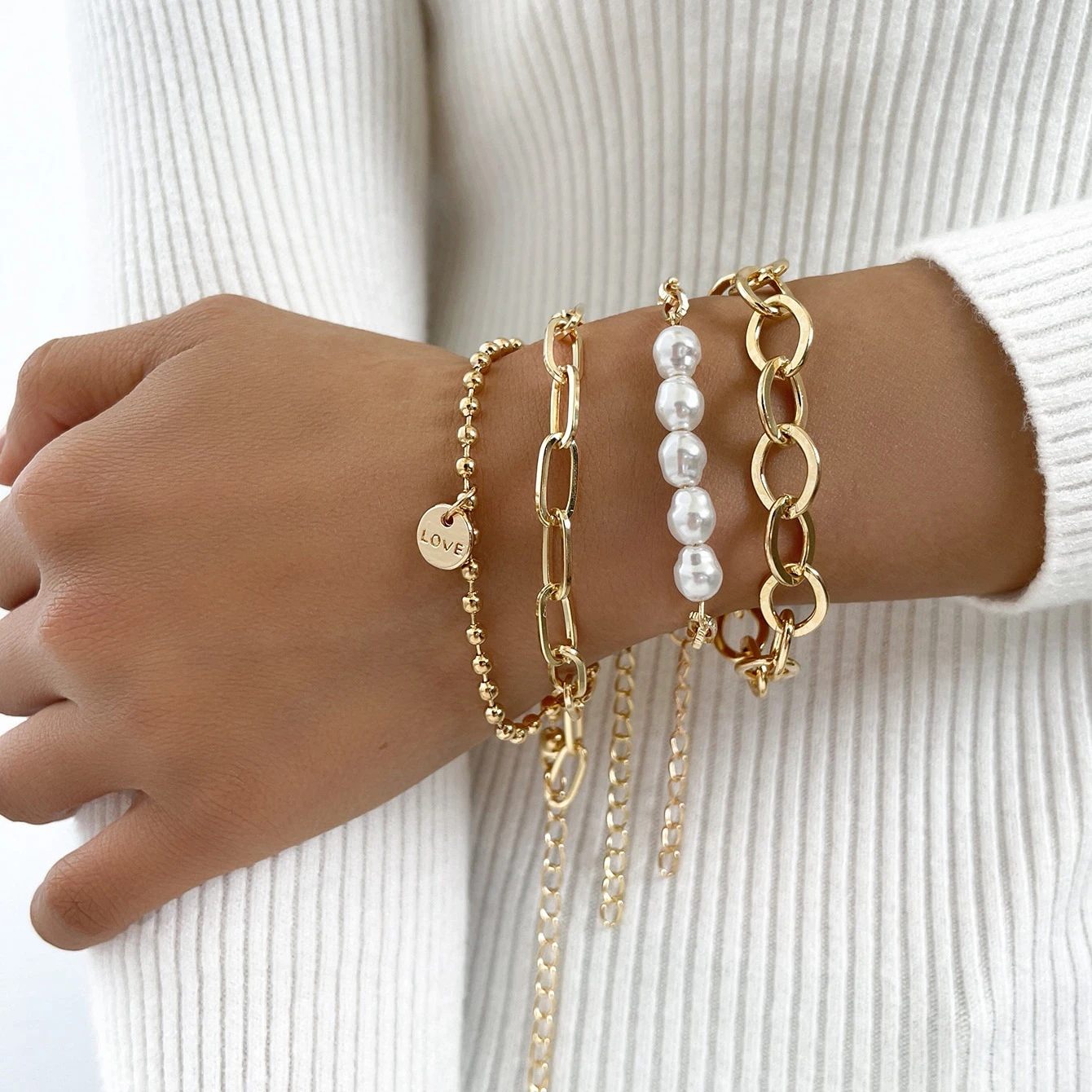 KOtik Conjunto de pulseras de perlas de cubana para mujer, brazaletes de boda con dijes de letras de Color dorado, joyería de moda, Punk Curb|Brazaletes de cadena y enlaces| - AliExpress