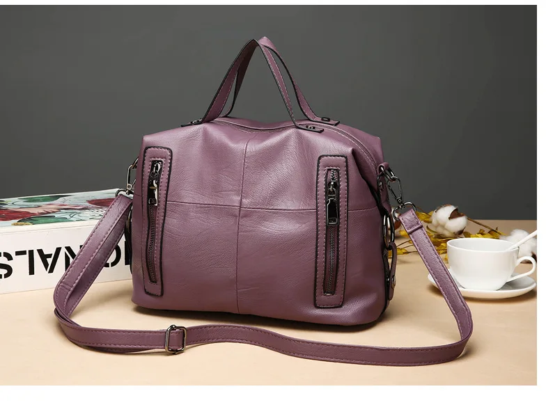 New Real PU Leather Women's Bag Fashion Boston Handheld Messenger Bag Spliced Shoulder Bag