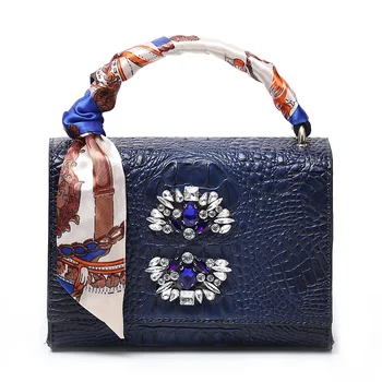 

2020 Women Blue Clutch Tote Bag Crocodile Pattern Shoulder Bag for Fashion Lady Nice Crystal Cross Body Suitcase Purse Bag