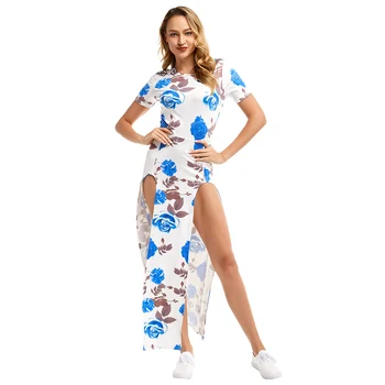 

2019 elegant dresses Women Round Neck Sexy High Split Short Sleeve Dress Summer Rose Print party Dress Sundress Party Dress