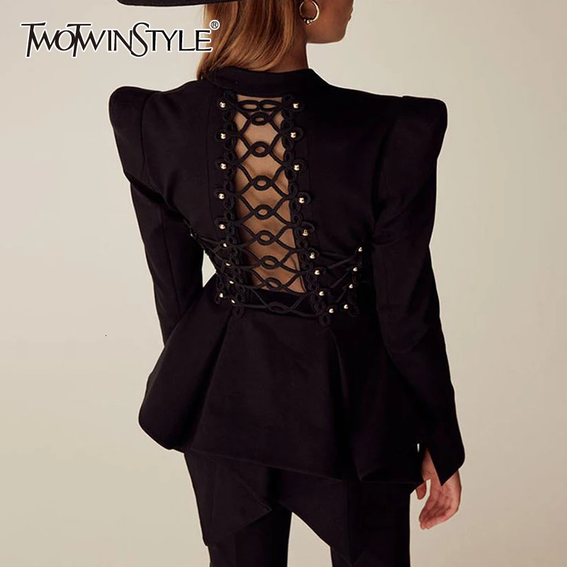

TWOTWINSTYLE Hollow Out Back Asymmetric Hem Long Sleeve Black Slim Jacket Women Blazer V Neck Gothic SLaides Fashion 2019 Autumn