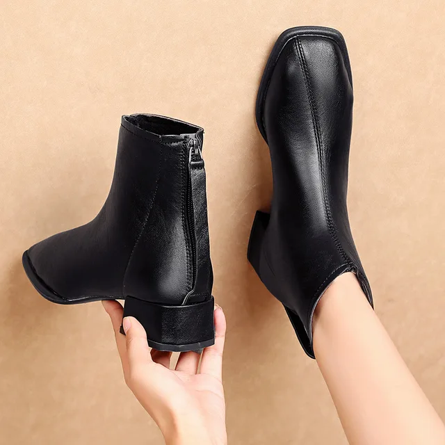 Botines de mujer con punta cuadrada, botas cortas con cierre, tacones  cuadrados, cómodos, de cuero Pu, zapatos de dama de tacón, 54b|Botas hasta  el tobillo| - AliExpress