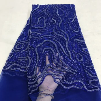

French net lace fabric in blue dresses fabric high quality Spiral pattern with same color tubes and sequins Tulle Lace Fabric