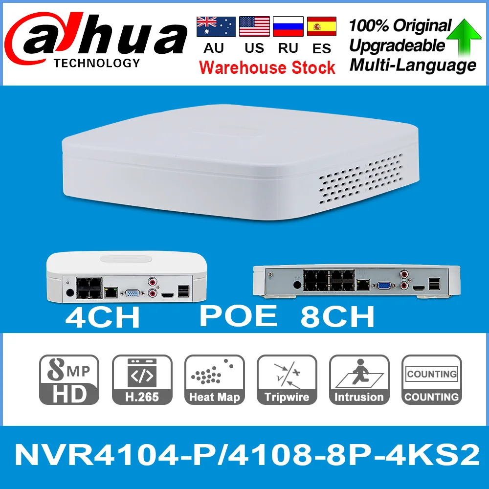 DAHUA Original  4K POE NVR NVR4104-P-4KS2 NVR4108-8P-4KS2 With 4/8ch PoE h.265 Video Recorder Support ONVIF 2.4 SDK CGI