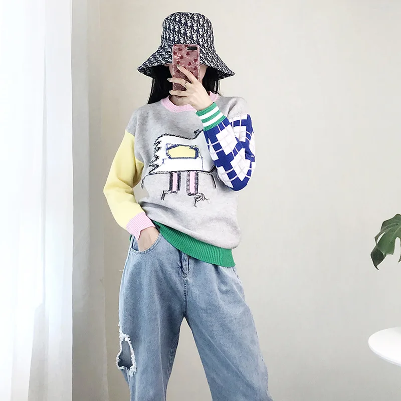 

Women Sweater Elegant Bird Embroidery Jumper Animal Color Block Striped Jersey Runway Long Sleeve Pullovers Knitted Top Lolita