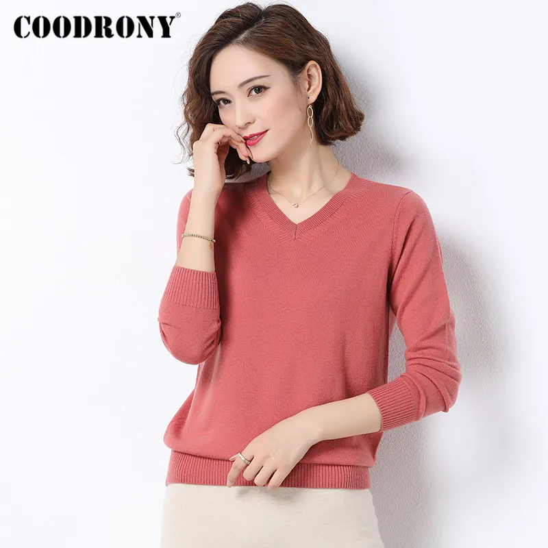COODRONY Women Casual Pure Merino Wool Sweaters V-Neck Soft Cashmere Knitted Pullover Jumpers Female W1009