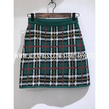

Elegant retro wool plaid mini skirt British plaid skirt autumn winter Green retro plaid Sheep wool skirt High waist A-line skirt