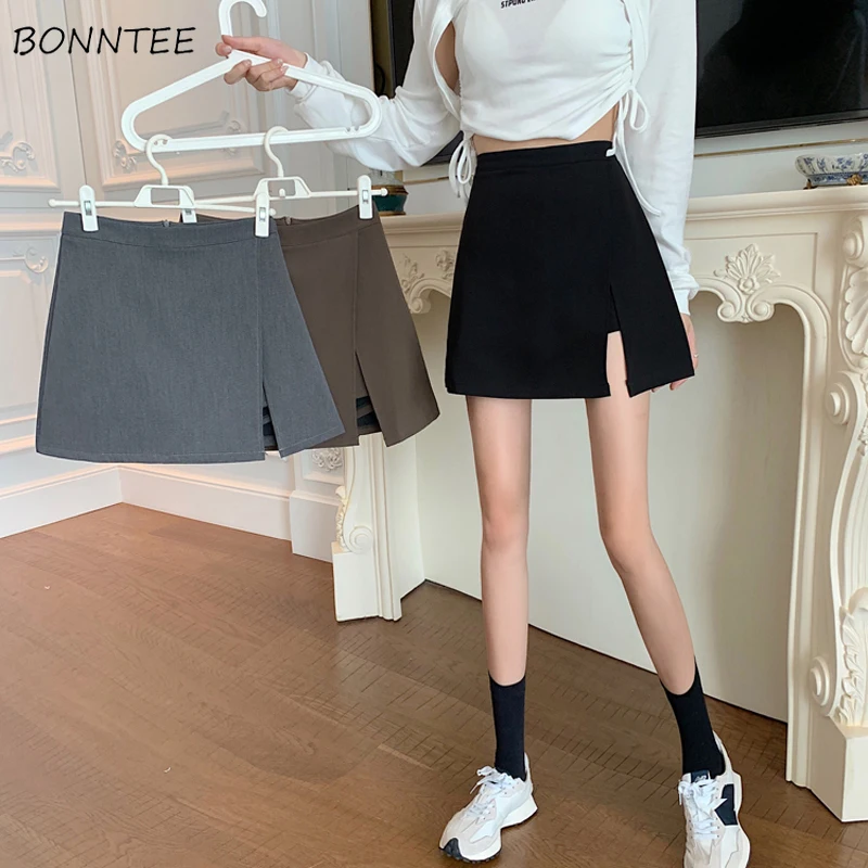 

Skirts Women Mini Slit High Waist Pure Color All-match Leisure Korean Verison Temperament Female College Y2k Personal Streetwear