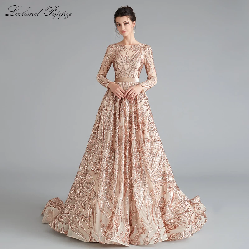 Lceland Poppy Luxury A-line Sequins Evening Dresses Scoop Neck Long Sleeves Floor Length robe de soiree Formal Evening Gowns - Цвет: Шампанское