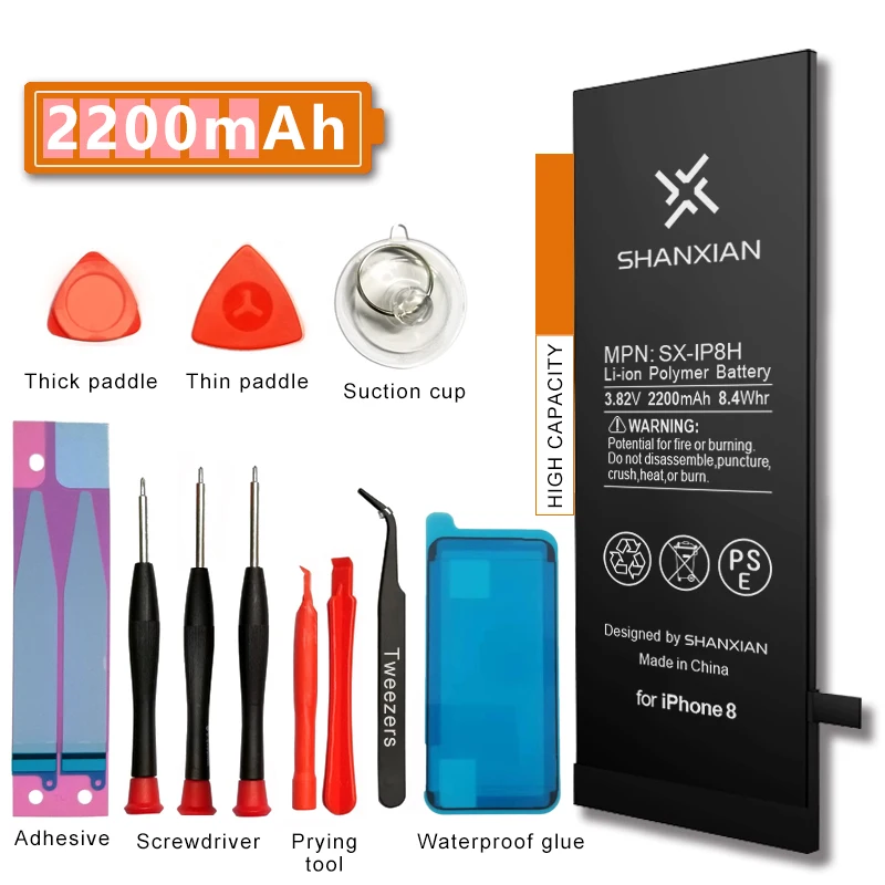 

SHANXIAN High Extend capacity battery replacement for iPhone 8 8G Zero Cycle Real capacity 2200mAh with Free tools and PSE CE UN