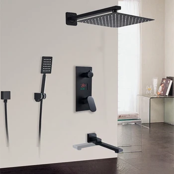 

Matte Black Ultra-thin Shower Head Bathroom Rain Waterfall Shower Faucets Wall Mounted Digital System Bathtub 3Ways Shower Mixer