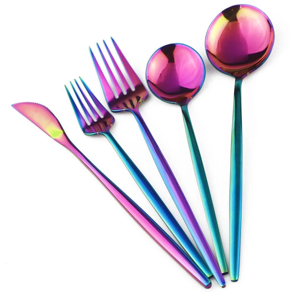 5pcs Multicolors Rainbow Cutlery Set Dinnerware Set Black Cutlery Kit