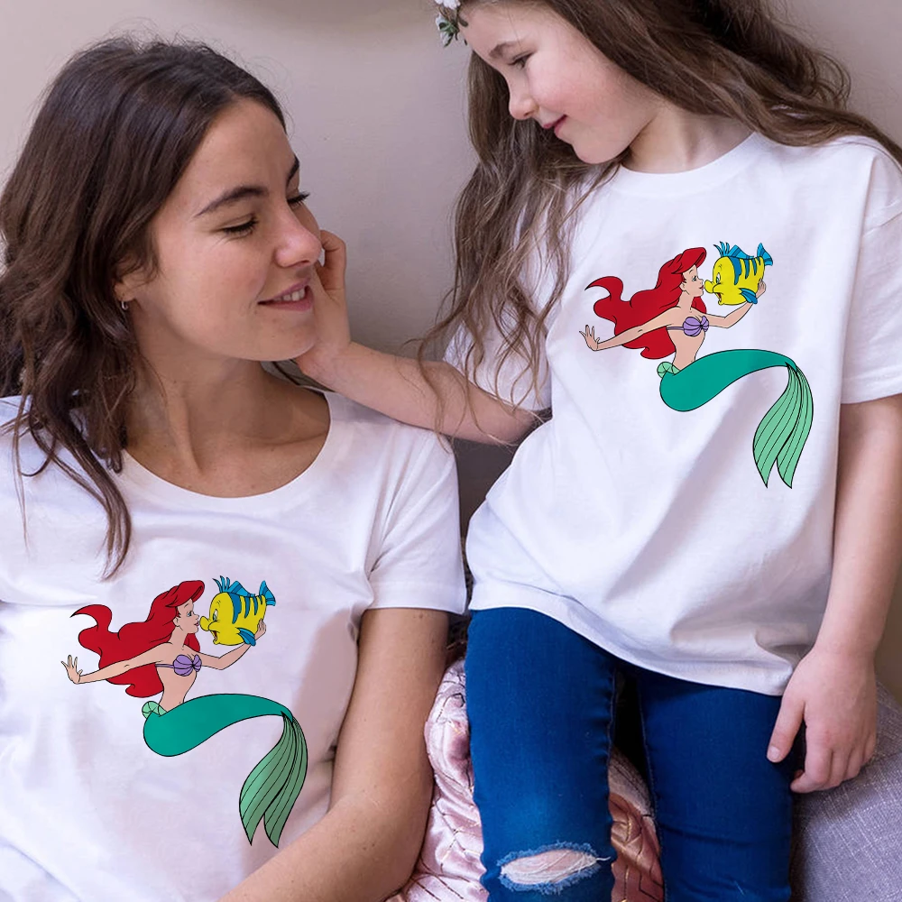 aunt and nephew matching outfits Family Clothes Woman Tshirt The Little Mermaid Ariel Flounder Print Kids T shirt Streetwear Harajuku Tops Children T-shirts cute matching outfits for couples