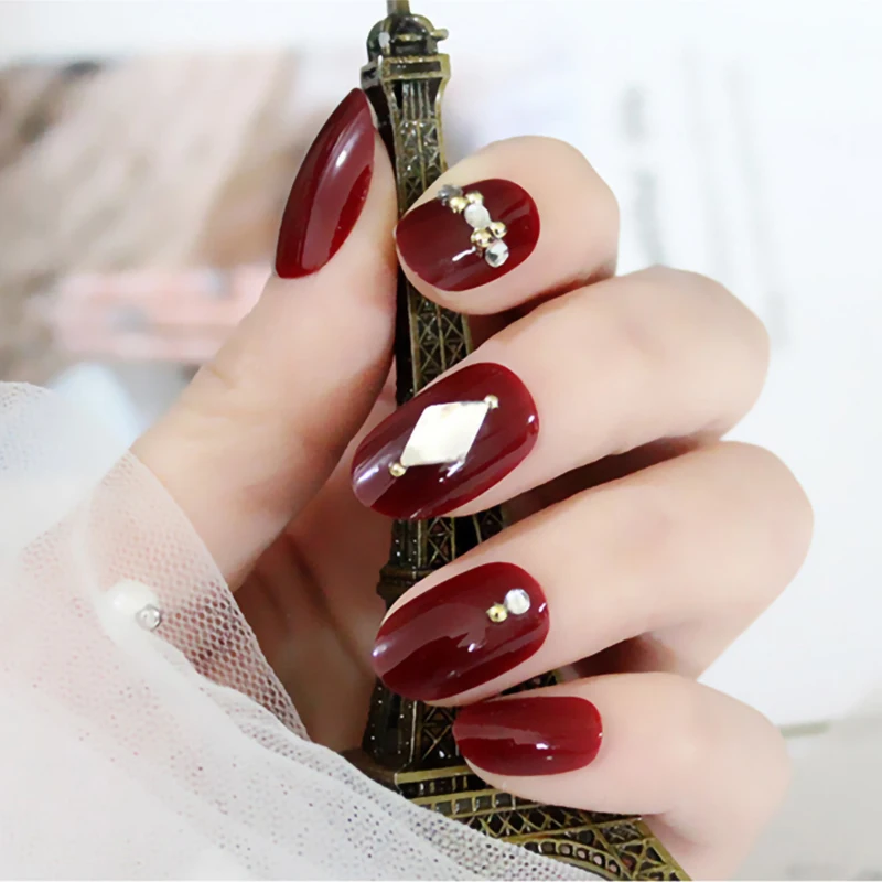Nusx 24pcs Classical French Fake Nail Diamond Decoration Short Round Head Red Full Cover Bride False 2