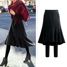 Черный серый женский теплый осень зима Hight Wirst бархат утолщение леггинсы одежда поддельные два рыбий хвост брюки юбка M-5XL