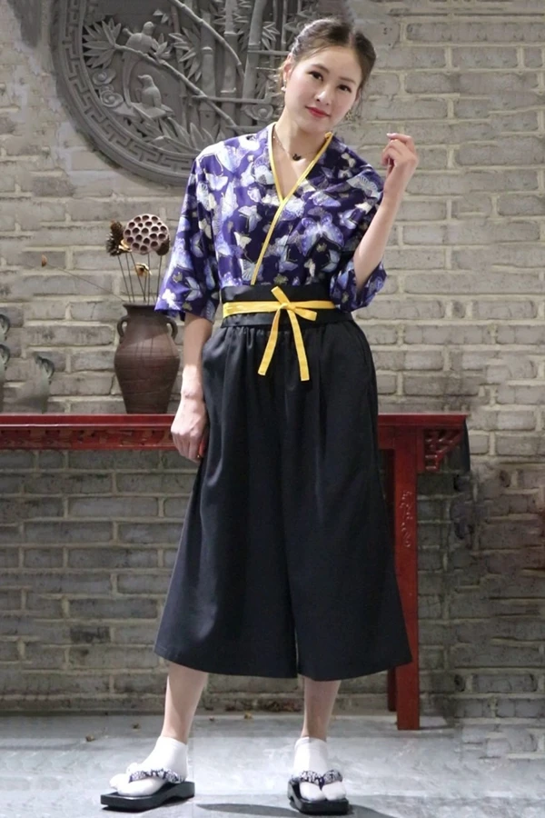Пользовательские японский стиль женская униформа для шеф-повара Ресторан кухни официантка Рабочая Униформа кимоно суши повара одежда Средний рукав - Цвет: top belt pants